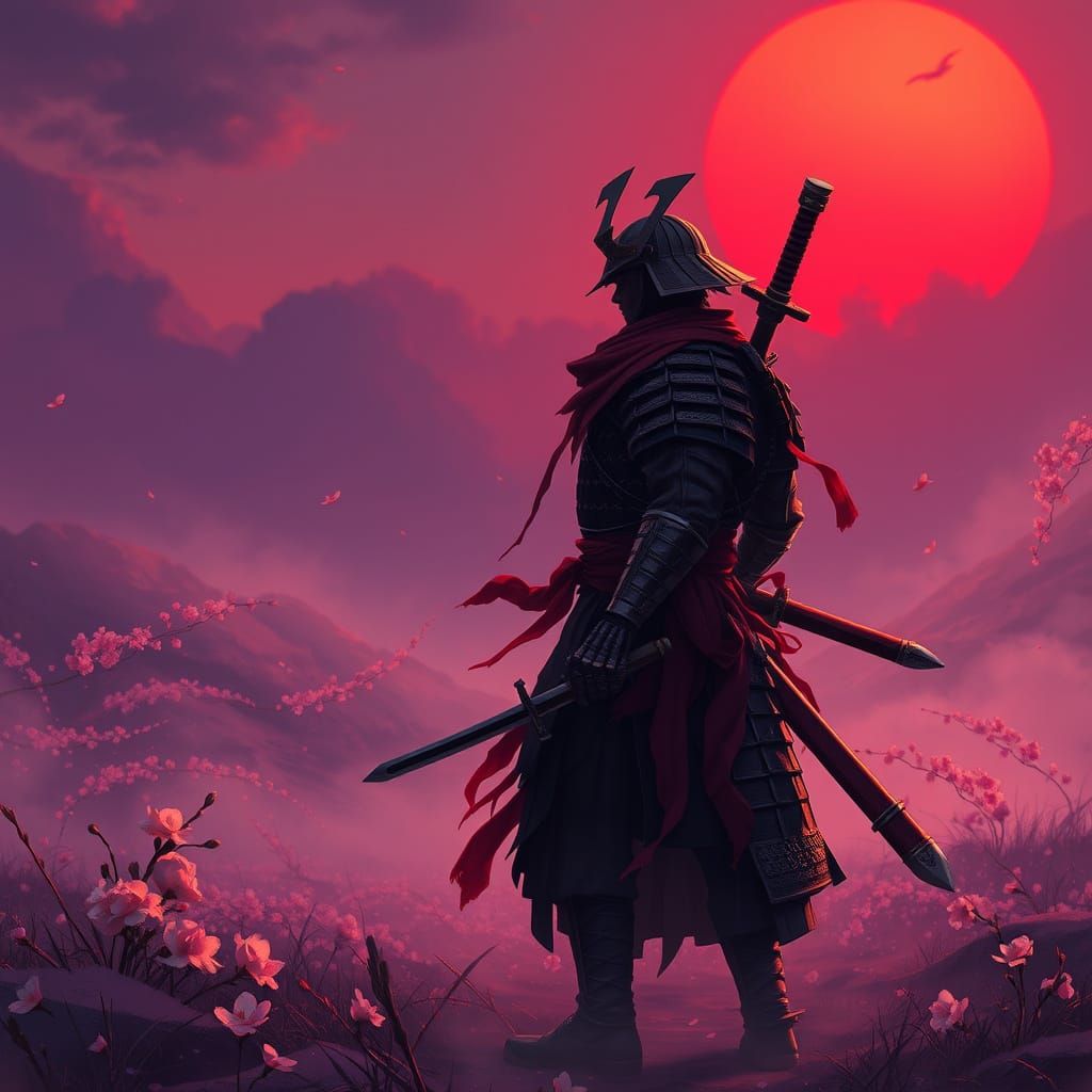 Lone Samurai on Cherry Blossom Battlefield