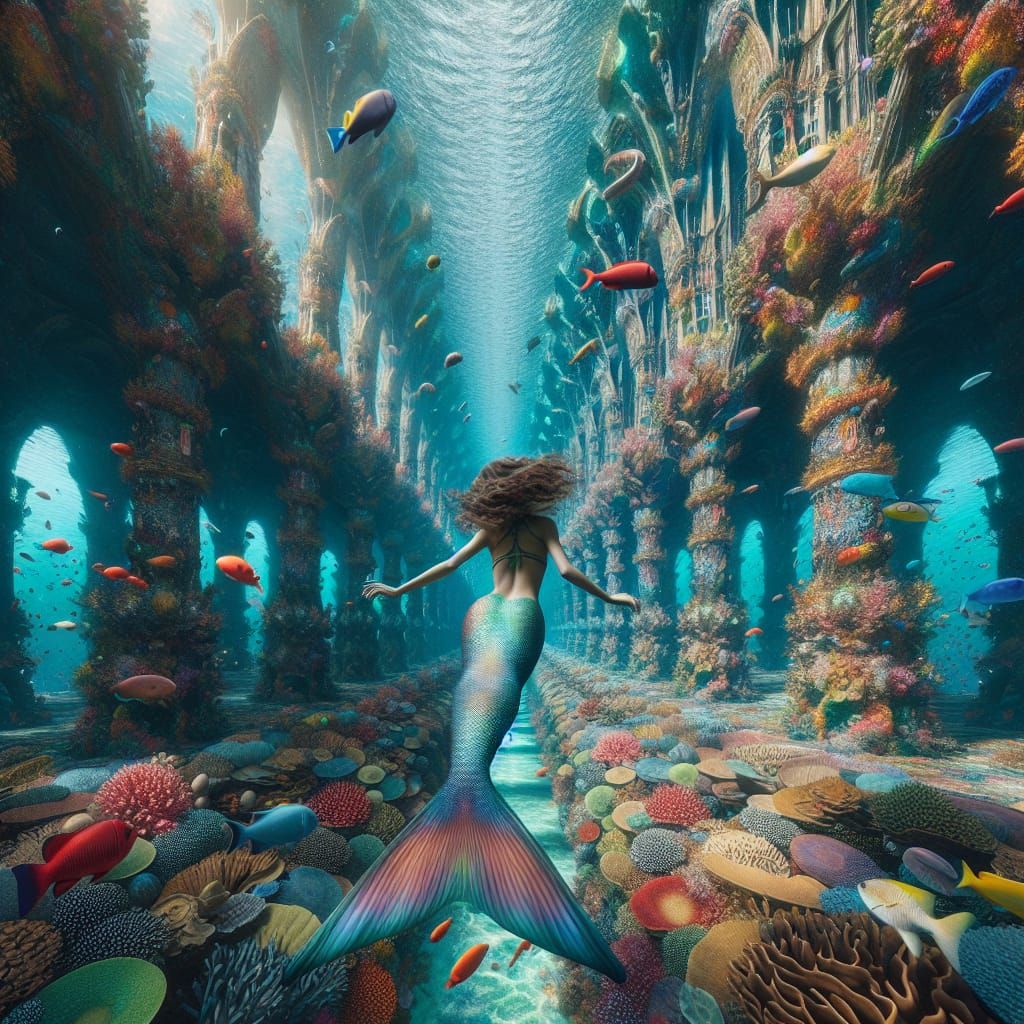 Mermaid Descends into Underwater Realm of Coral and Wonder