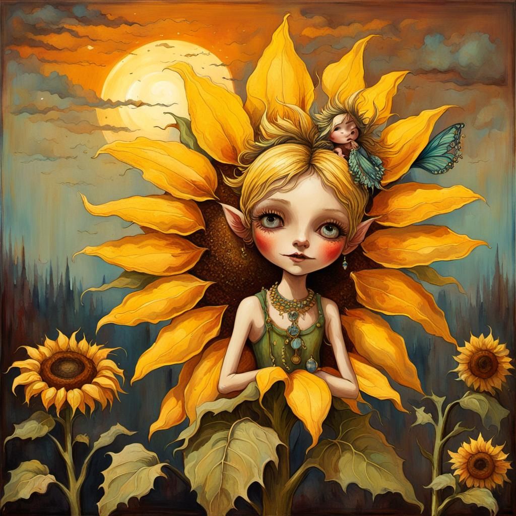 Pixie Perched Atop Sunflower: Antique Grunge Painting