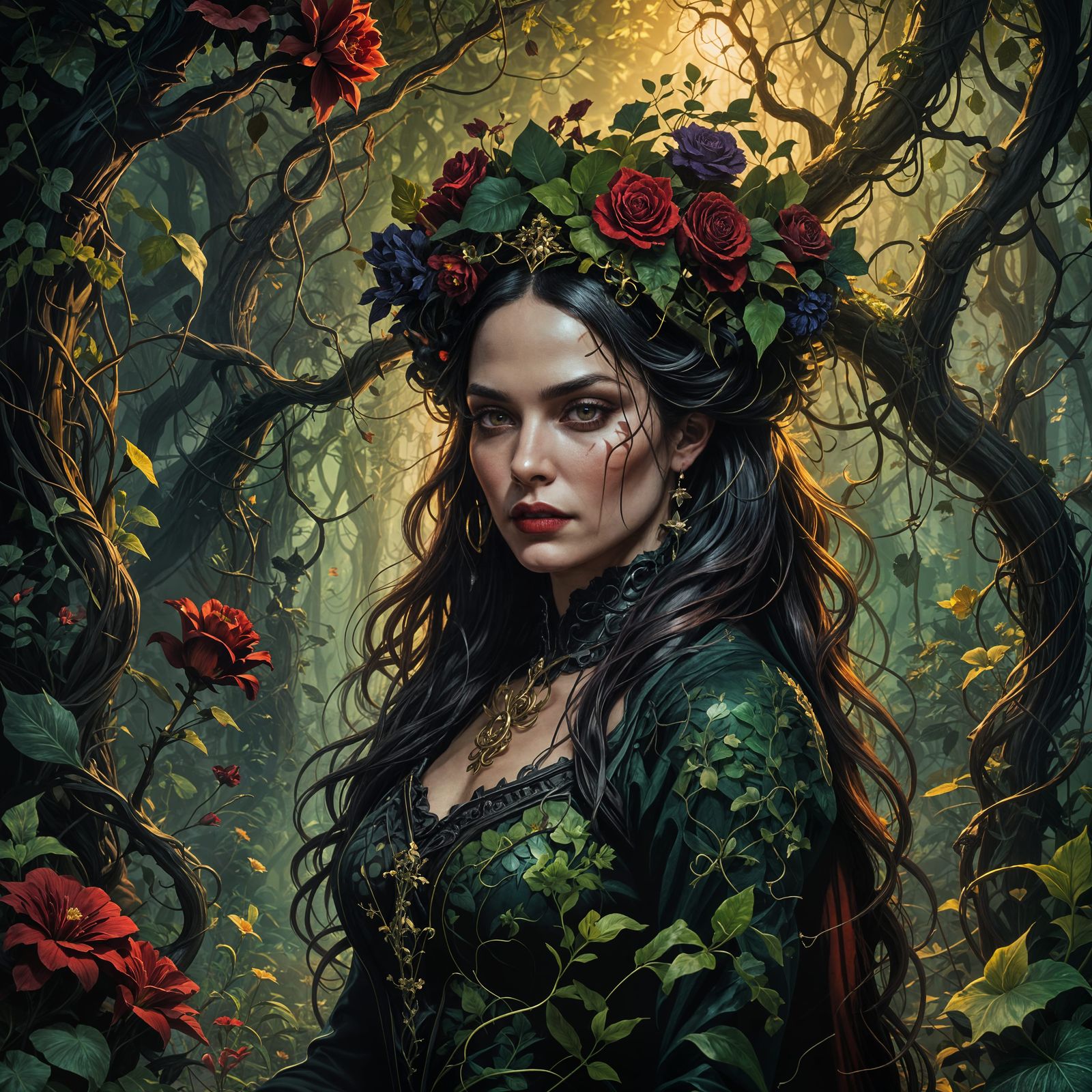 Gothic Floral Femme Fatale Masterpiece in Deep Color