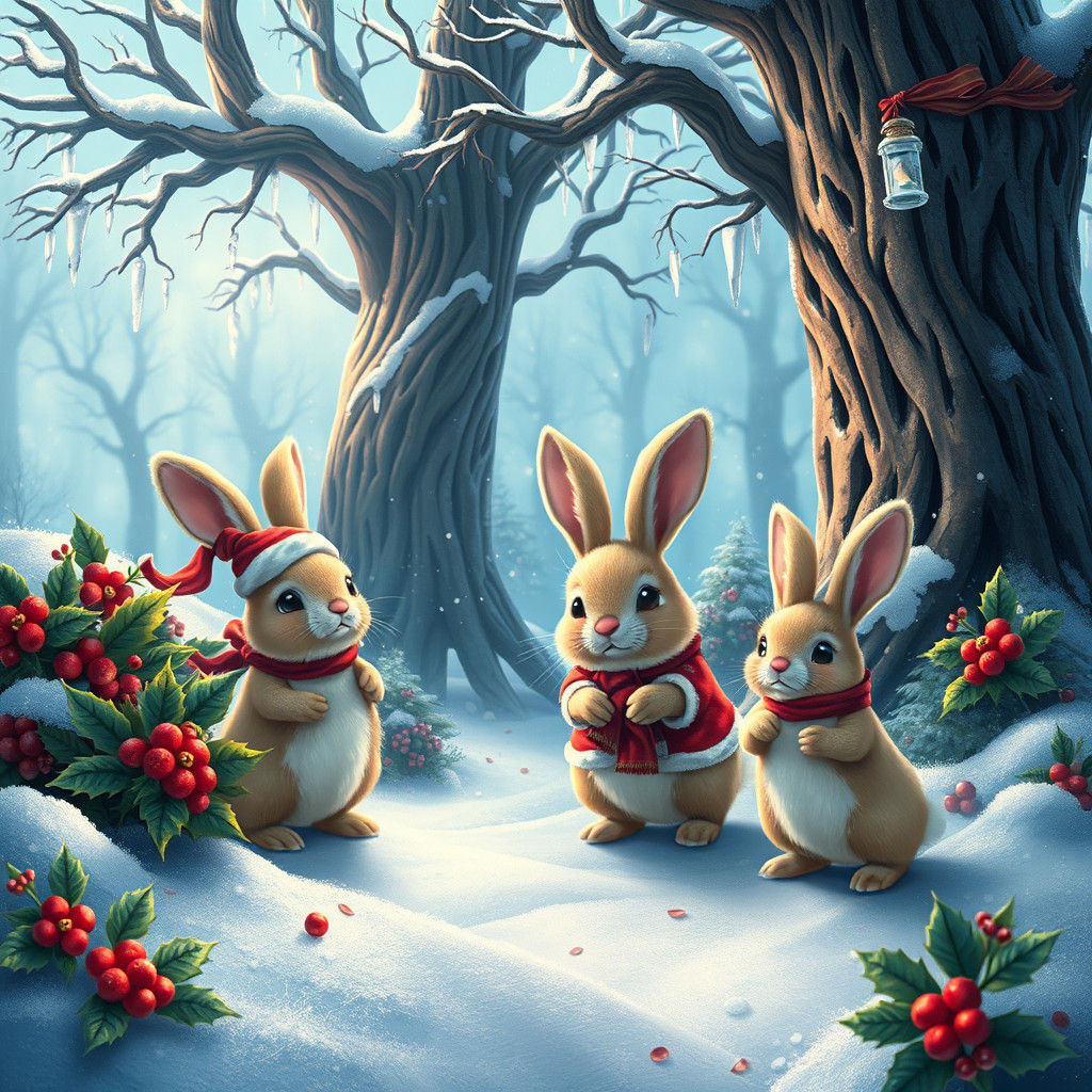 Christmas Rabbits in Whimsical Snowy Forest