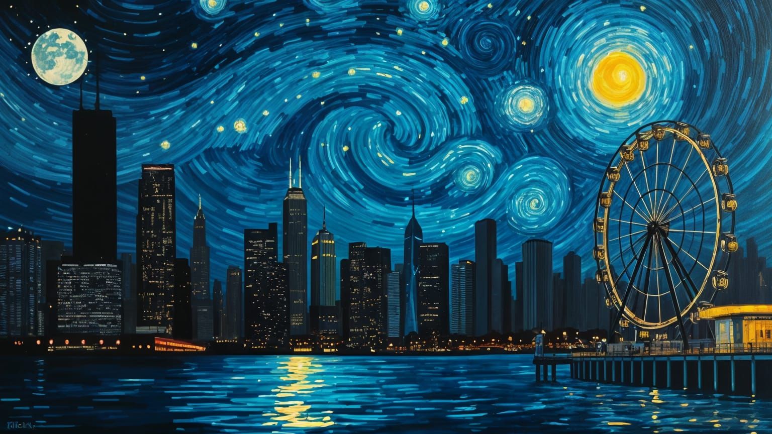 Starry Night Chicago Skyline Painting in Van Gogh's Style
