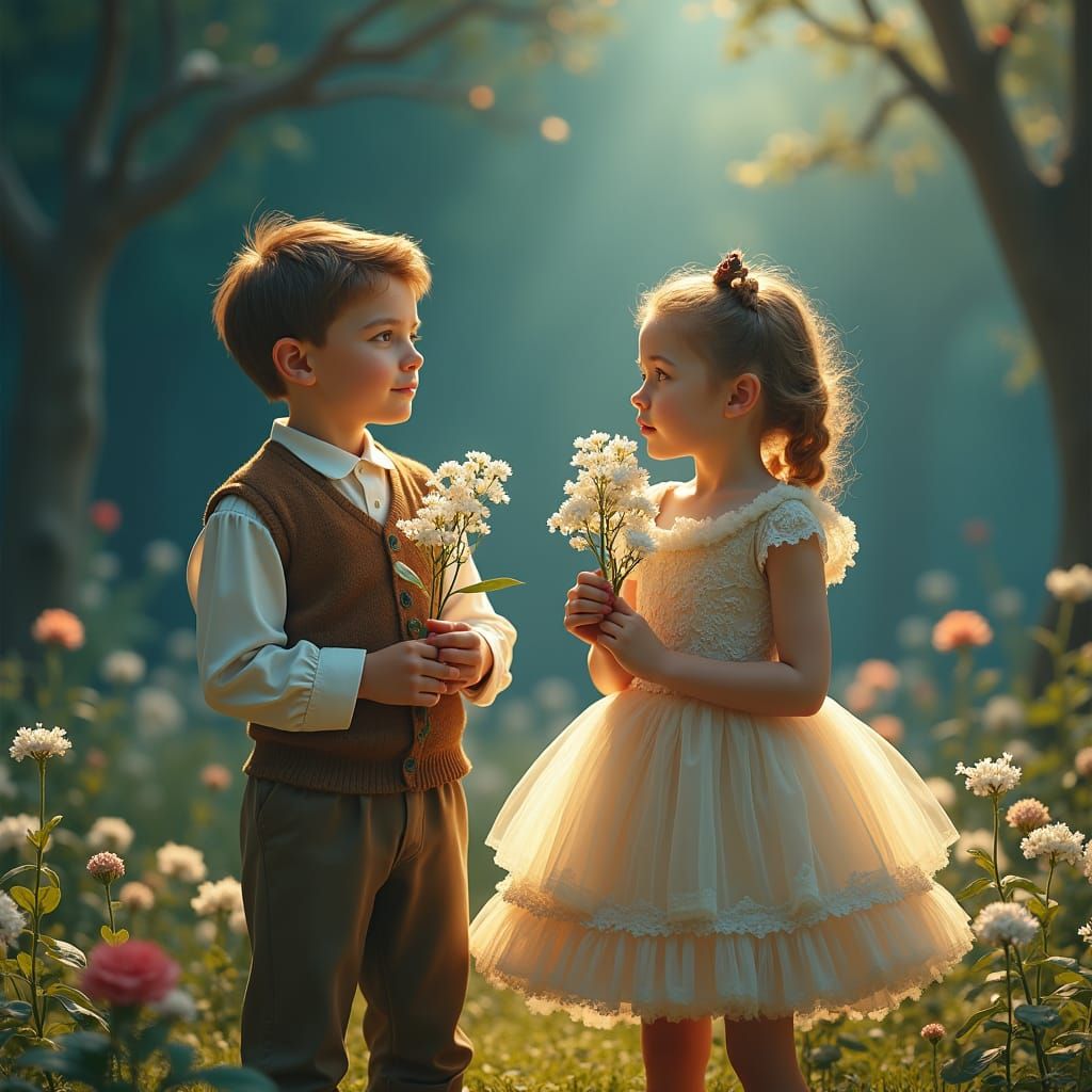 Children with Flowers in Dreamlike Landscape, Digital Art