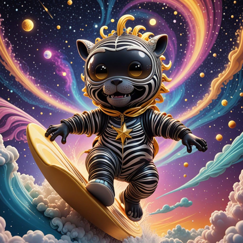 Psychedelic Cosmic Zebra Surfer in Celestial Landscapes