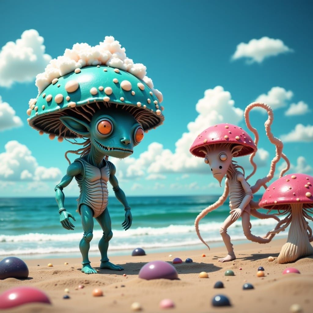 Surreal Beach Scene with a Holidaying Mushroom