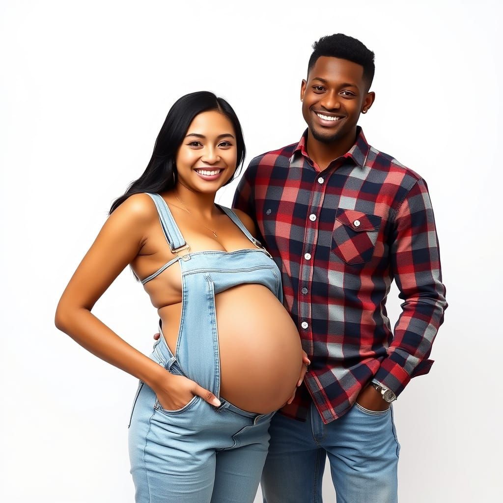Joyful Pregnant Couple in Bright Studio, Photorealistic Styl...