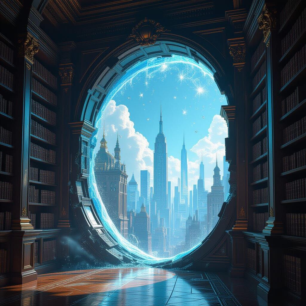 Library Portal to a Neon Future City