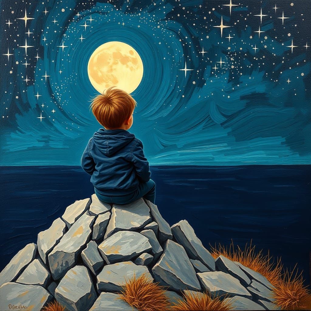 A child sits atop a rocky outcrop, gazing at a night sky filled with stars and a large moon
