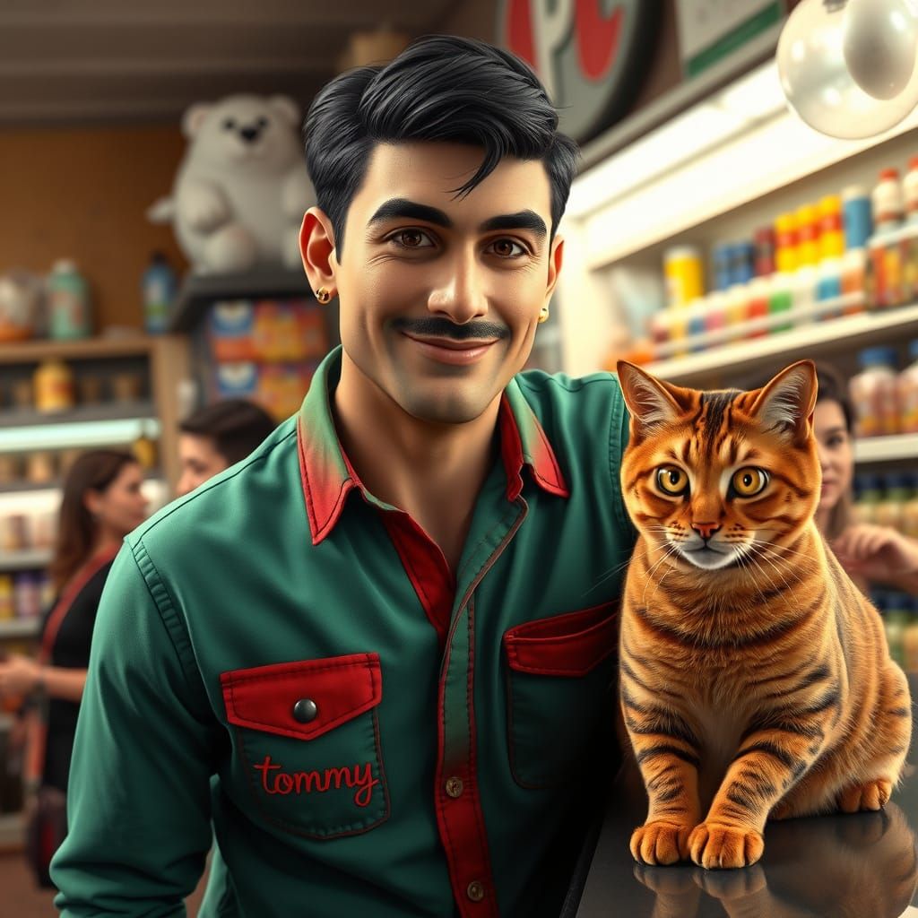 Handsome Man with Cat in Pet Store, 3D Cinematic Style