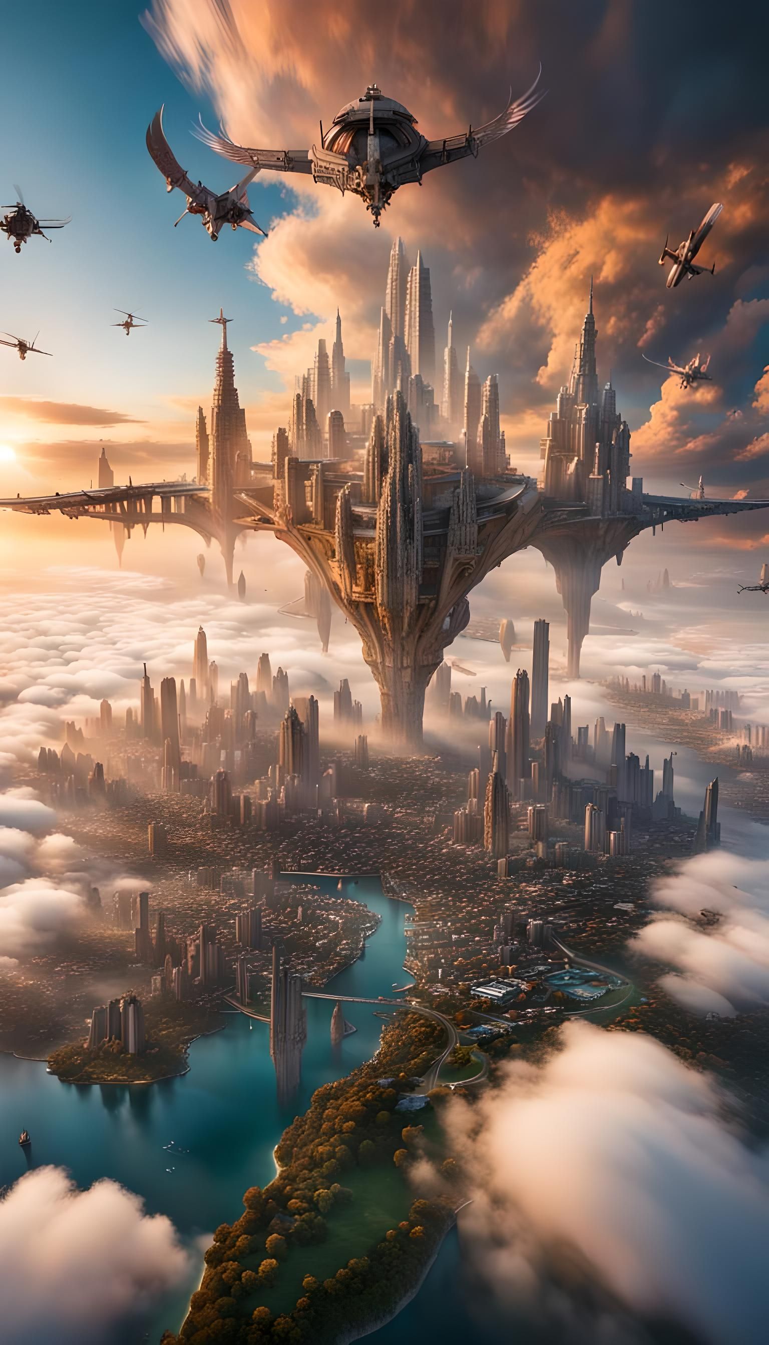 Spectacular Flying City Above Clouds at Sunset