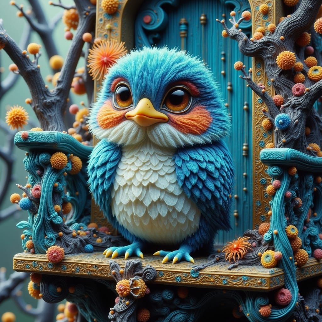 Bird on Blue Balcony in Whimsical Realism Style