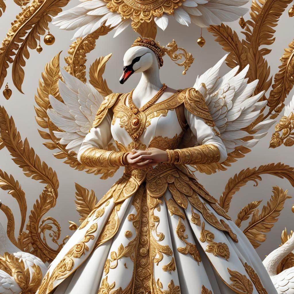 Indian Style Swan in Golden Dress, 3D Render