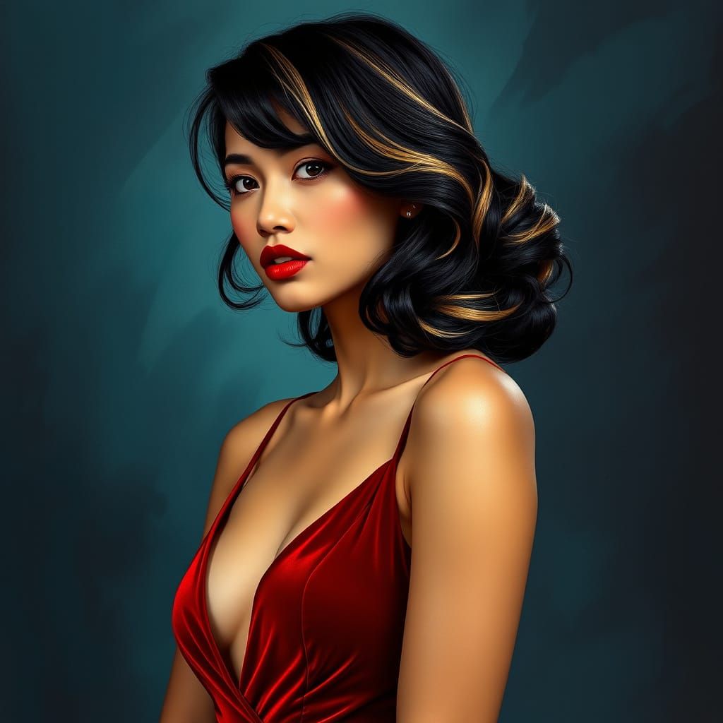 Elegant Indonesian Woman in Red Velvet Gown