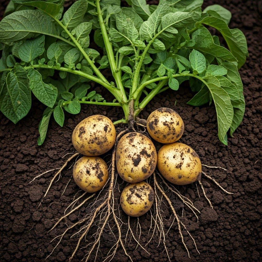 Hyperrealistic Photo of a Freshly Unearthed Potato Plant