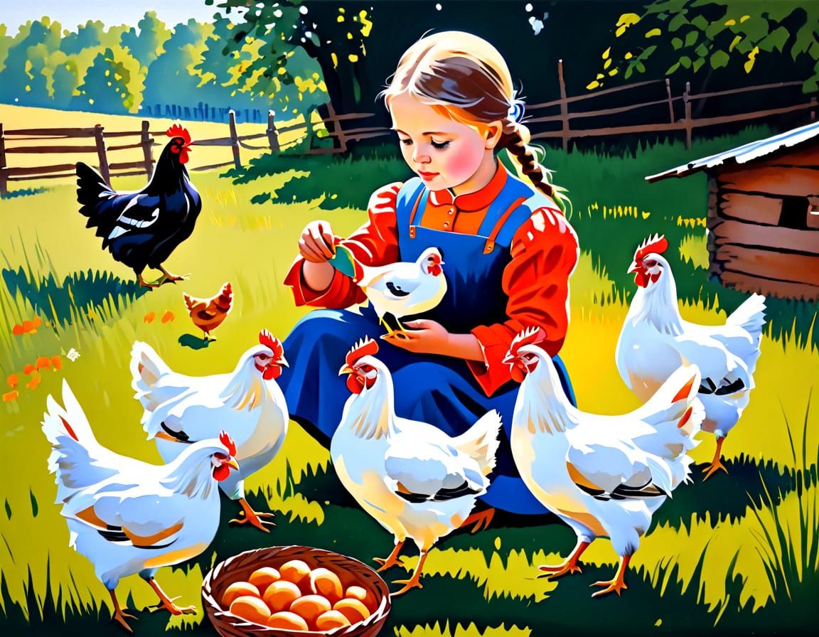 Ukrainian Girl Feeding Chickens in Gouache Painting