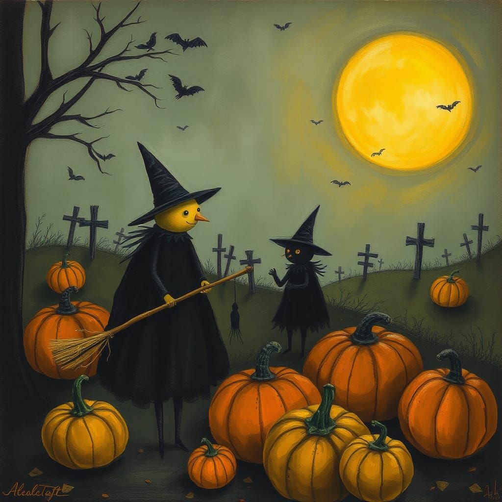 Surreal Halloween Night With Witches and Pumpkins