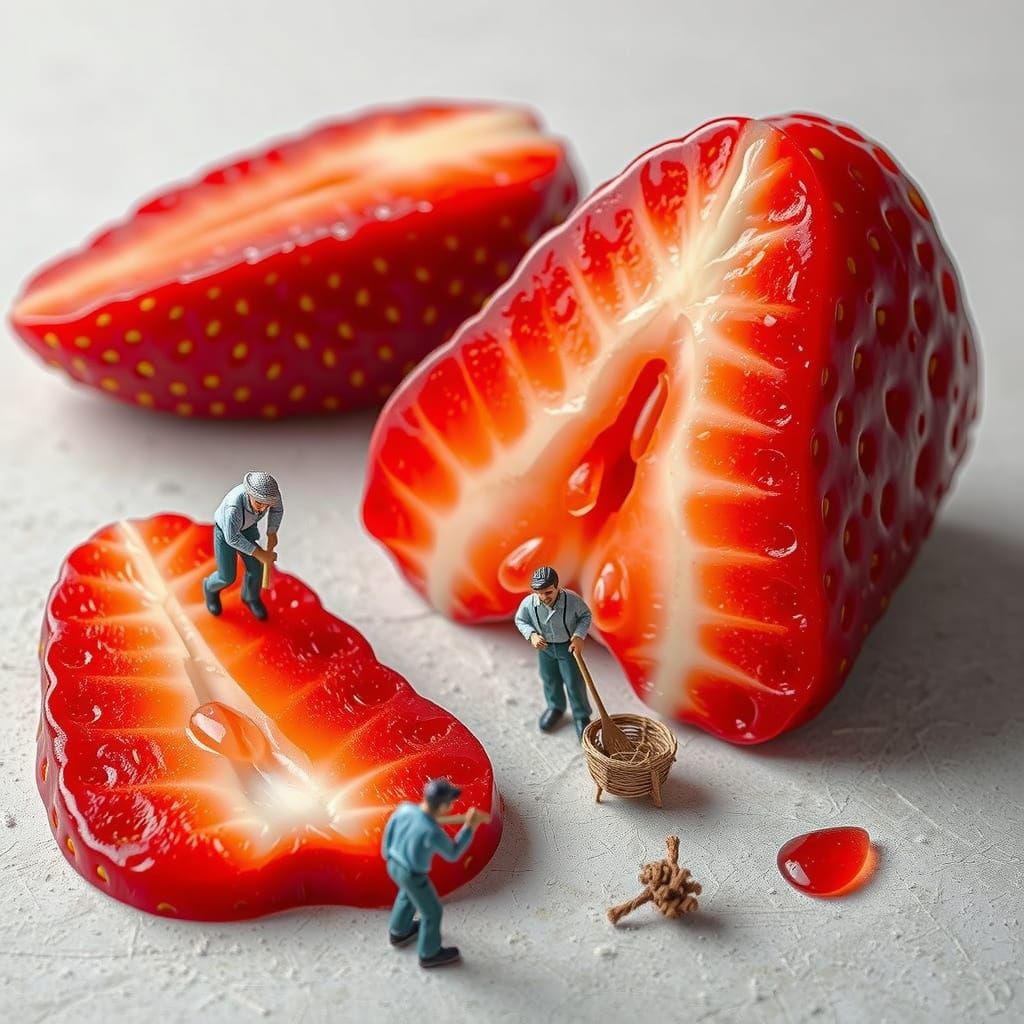 A piece of strawberry  is cut into  layers,  two tiny farmer...
