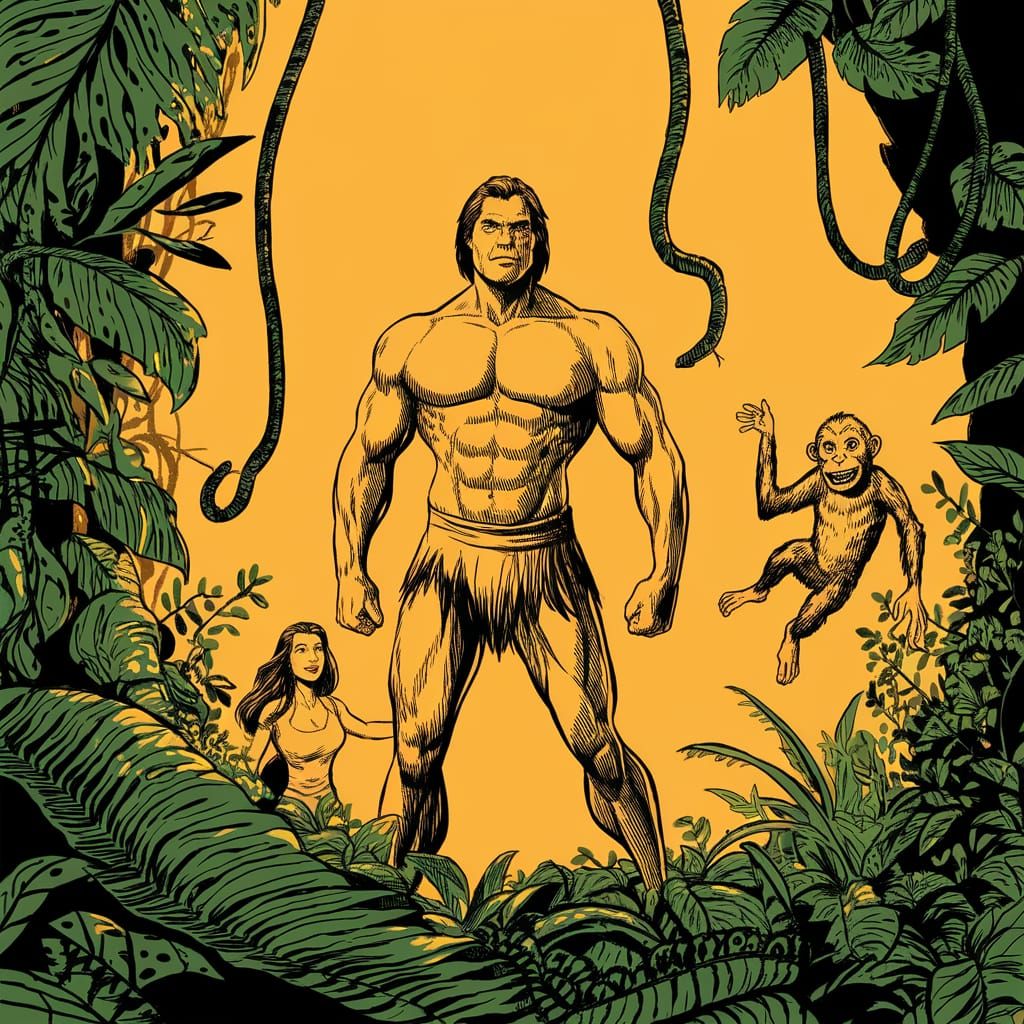 Tarzan in a Lush Jungle Scene, Ink Drawing