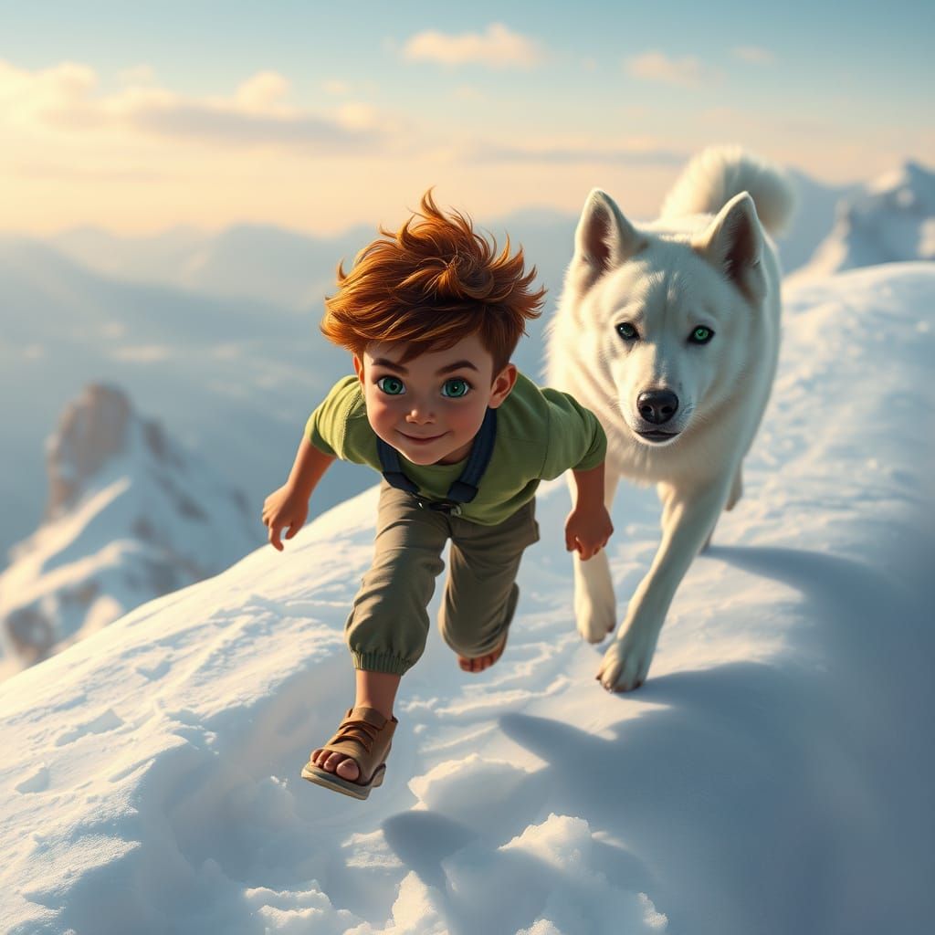 Joyful Boy and White Dog Conquer Snowy Mountain in Vibrant, ...