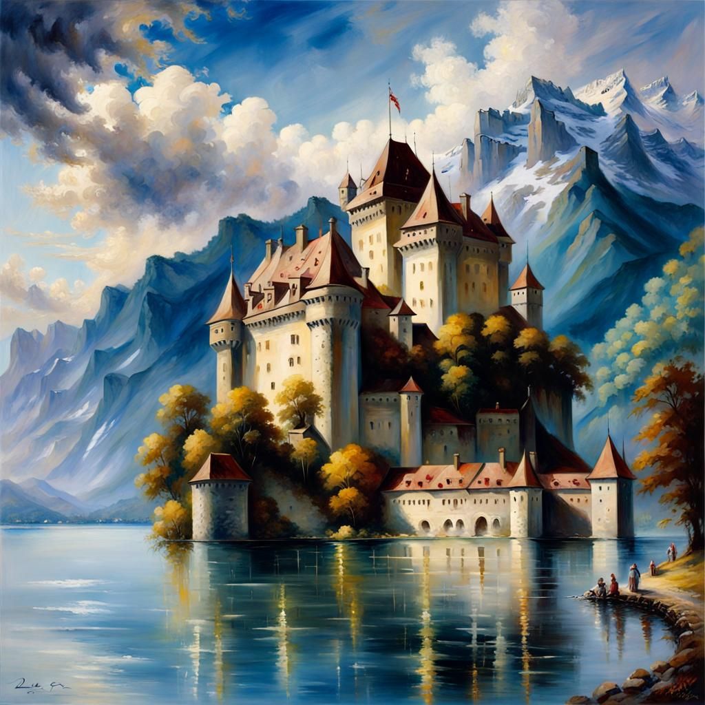 Chateau de Chillon on Lake Geneva, Oil Painting