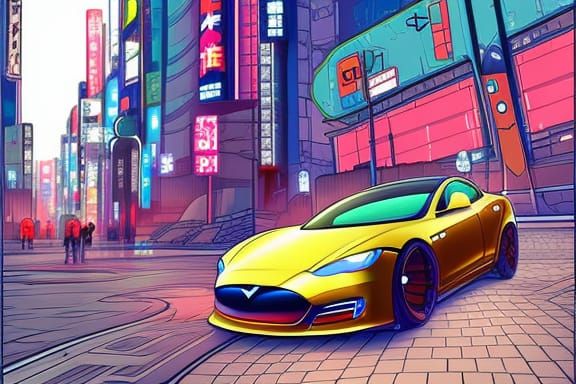 Cyberpunk Tesla in Tokyo: Anime-Style Digital Painting