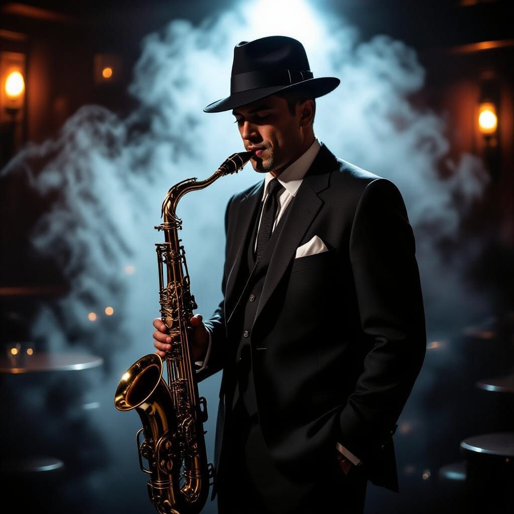 Saxophone Player in Smoky 1950s Jazz Club
