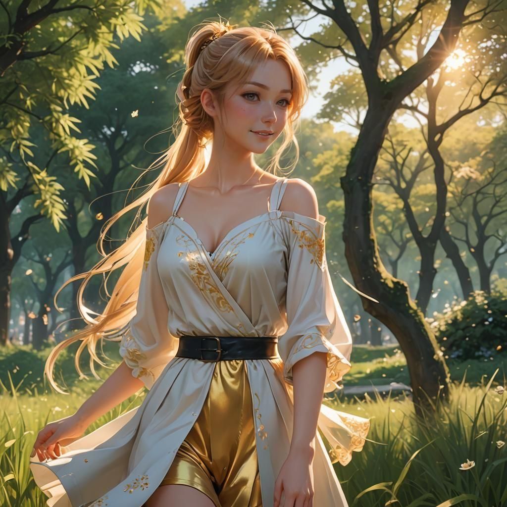 Beautiful Eurasian Woman Smiling in Sunrise Park, 3D Anime A...