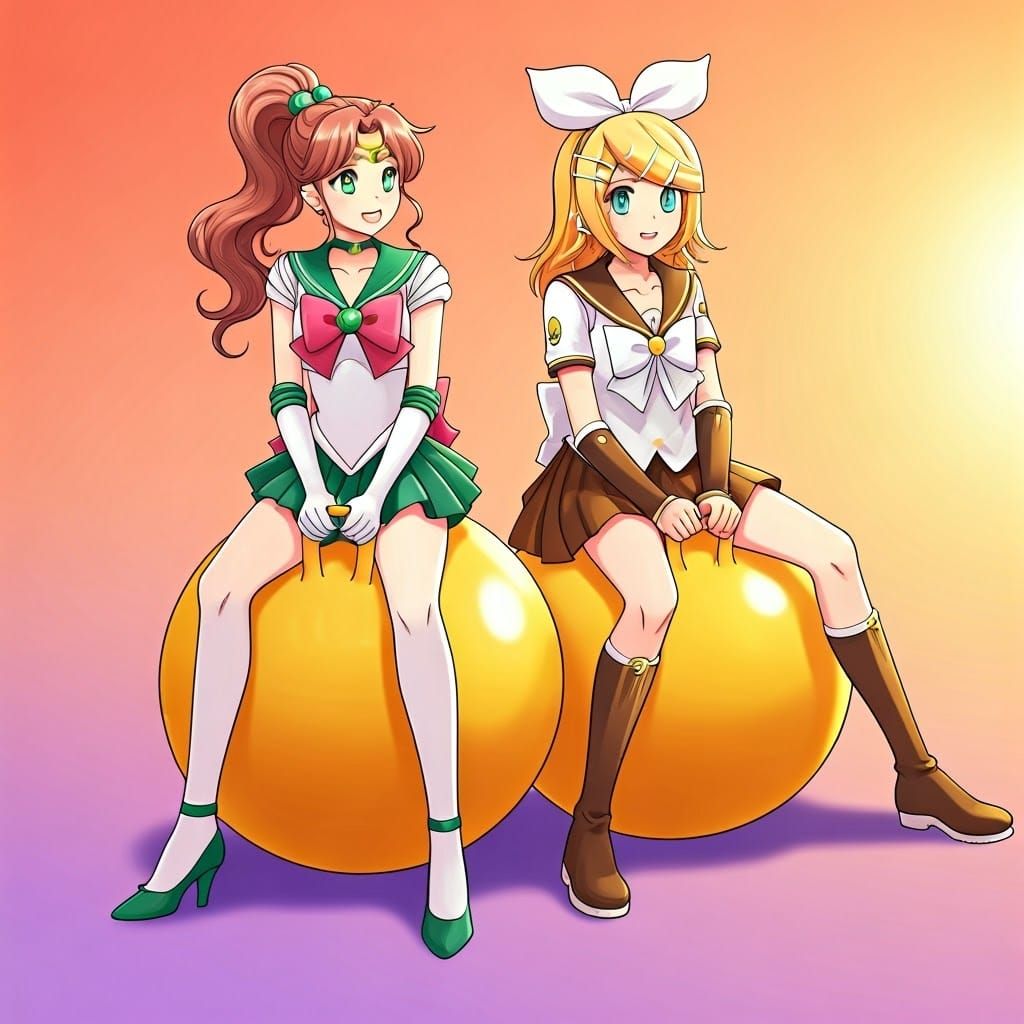 Sailor Jupiter and Kagamine Rin Playful on Vibrant Hopper Ba...