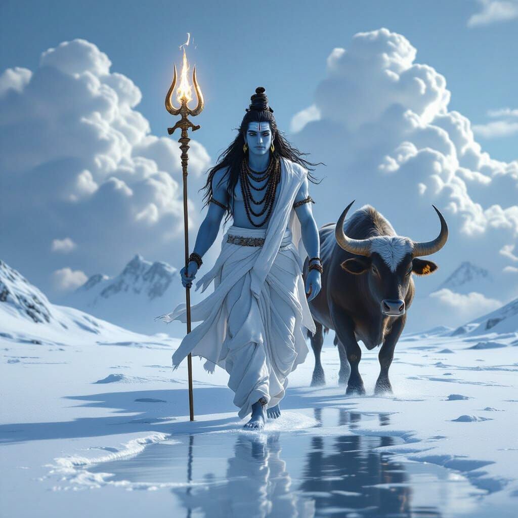 Lord Shiva and Nandi on White Snow