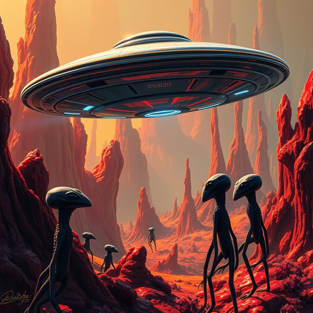 Spaceship Over Alien Landscape in Hyper-Realistic Style