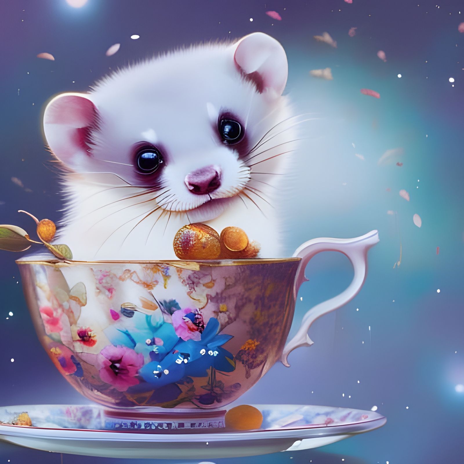 Cute Ferret Bathes in Teacup: Digital Art