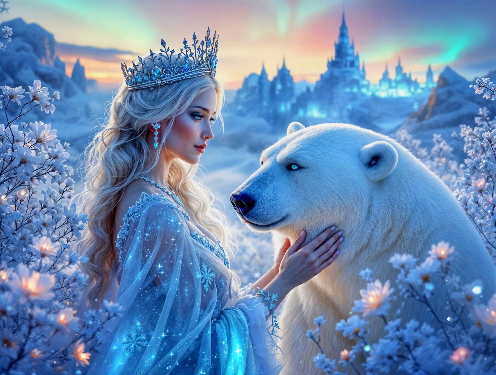 Snow Queen and Polar Bear in Ice Kingdom