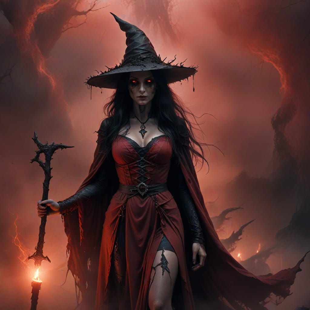 Eerie Witch in Red Fog, Dark Fantasy Art