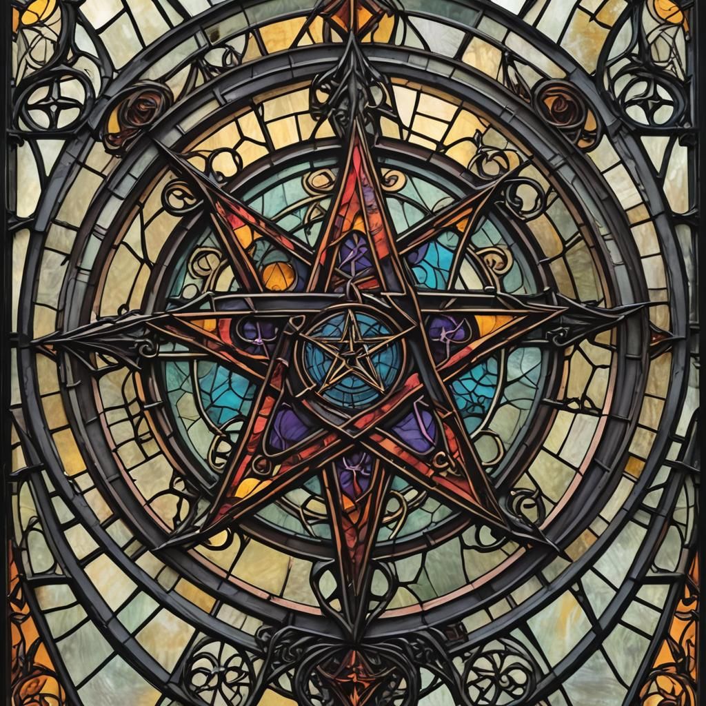 Gothic Witch Pentacle Stained Glass Window
