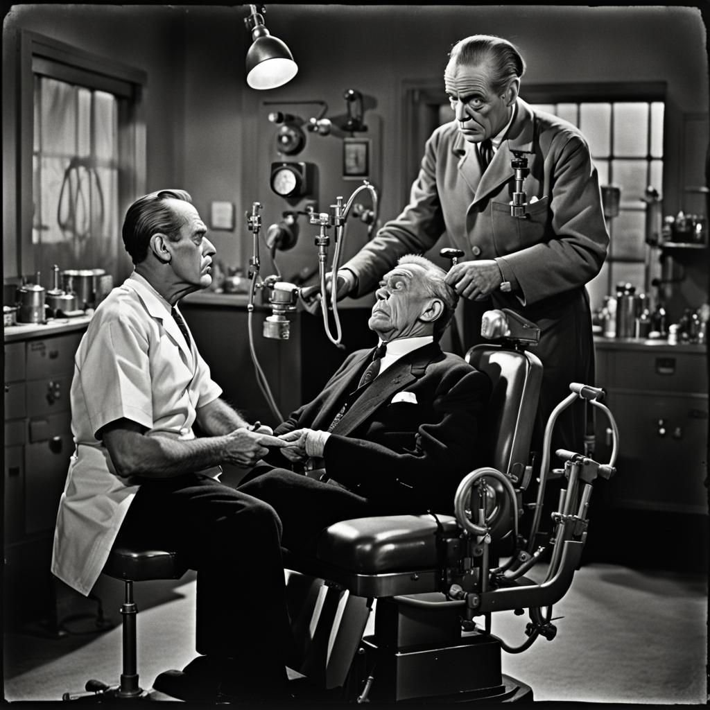 Karloff Dentist Examines Bill Murray in Vintage Photo