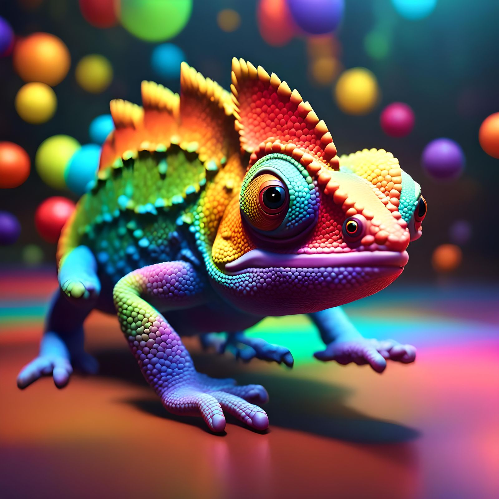 Rainbow Chameleon in Pixar-Style 3D Rendering