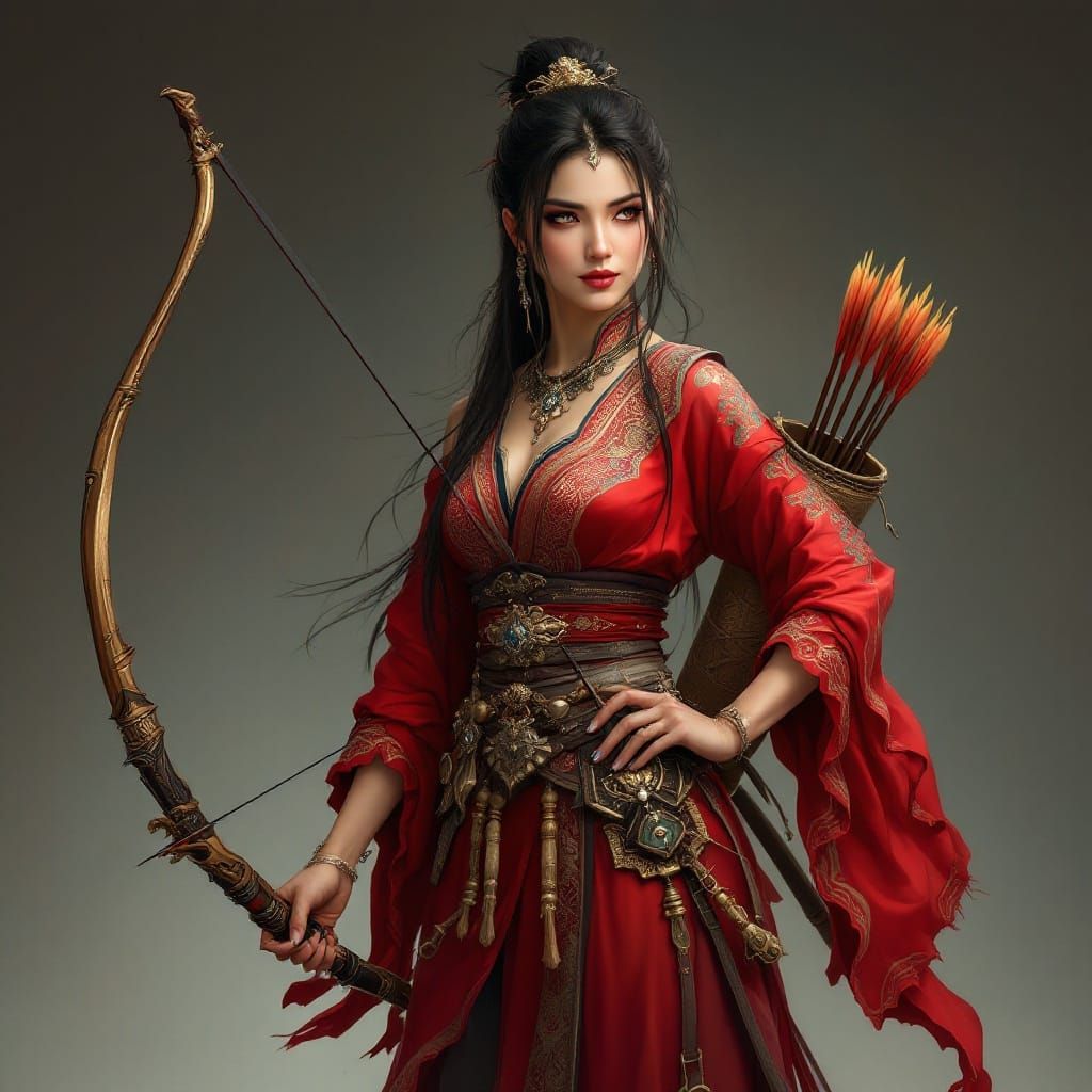 Fantasy Asian Warrior Woman with Bow and Arrows