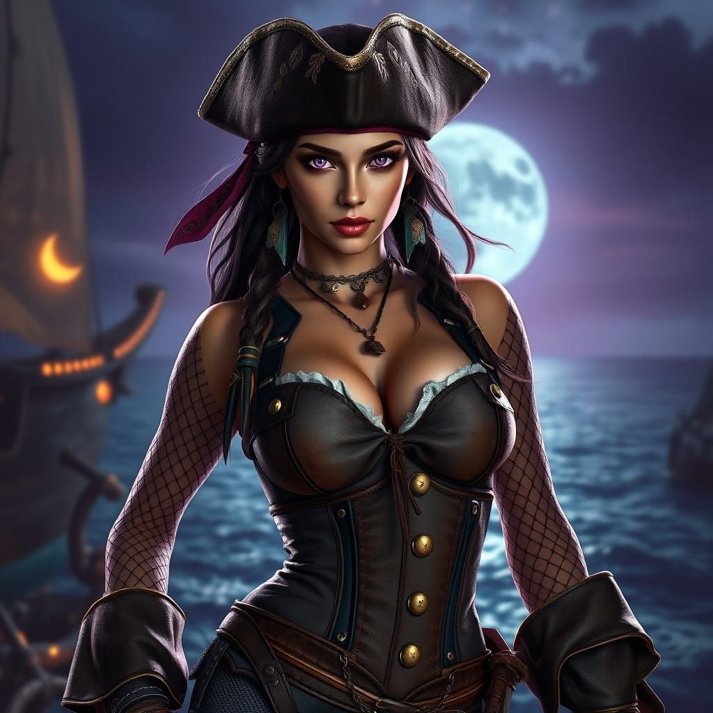 Mystical Pirate Goddess in Cyberpunk Seascape