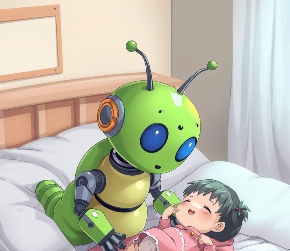 Caterpillar Robot Plays with Baby: Anime Style