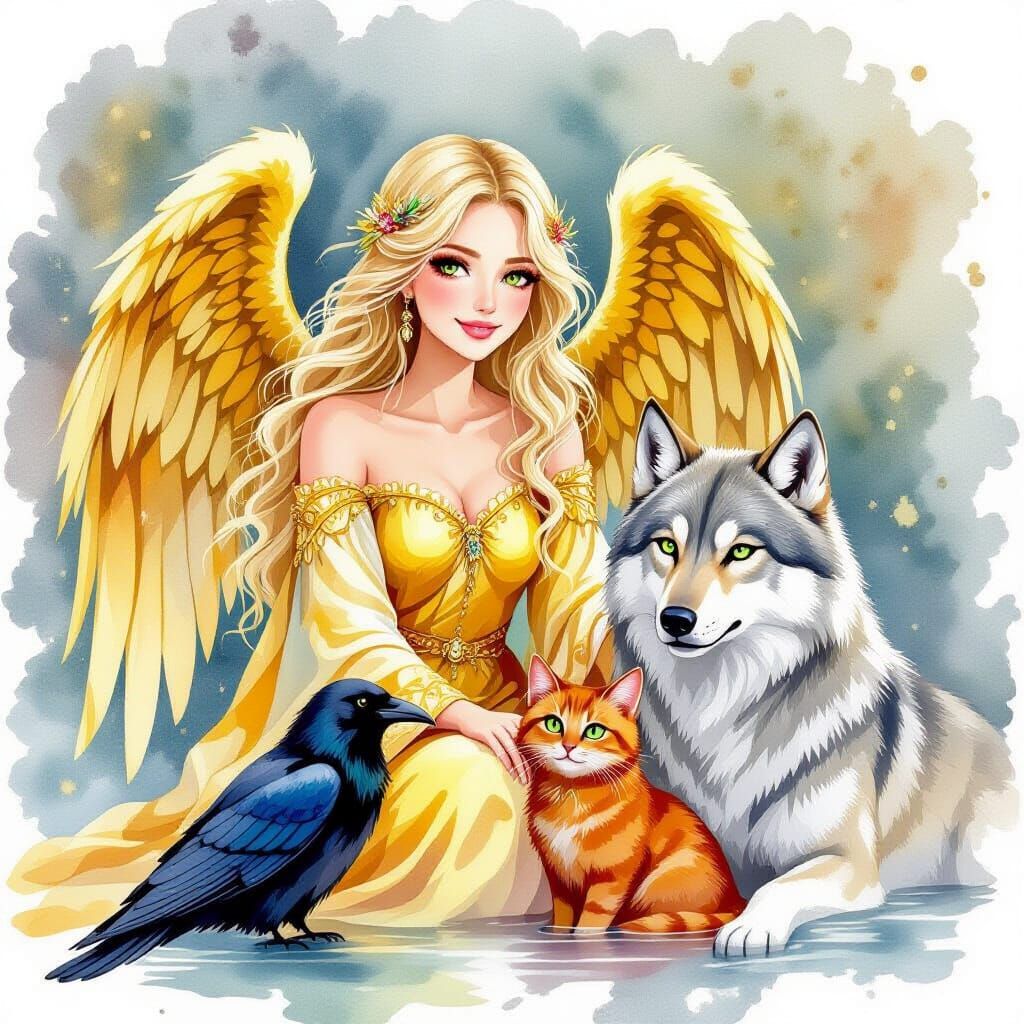 Angel and Friends in Watercolor Splatter Style