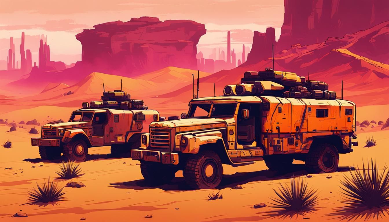 Cyberpunk Desert Convoy in Warm Colors