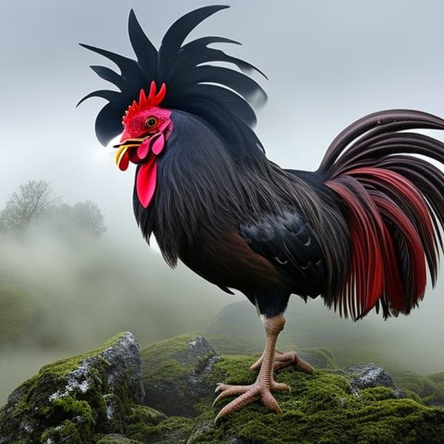 Majestic Rooster Dominates Foggy Landscape