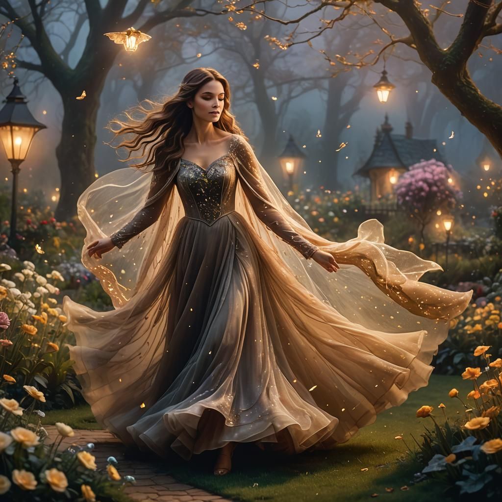 Woman Dancing in Misty Garden with Golden Lighting