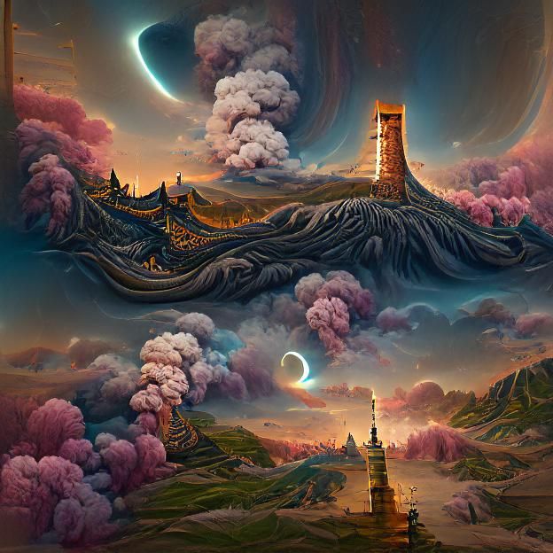 Surreal Tower Collapse: Cosmic Digital Art
