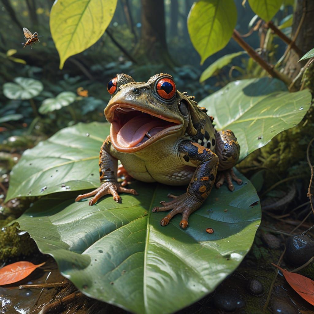 Whimsical Toad Captures Fly in Detailed Landscape