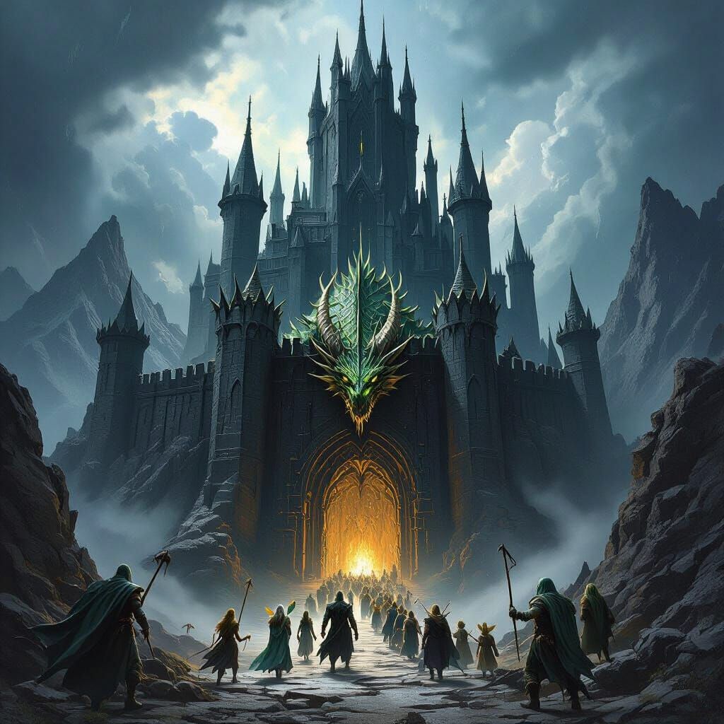 Dark Fantasy Castle with Dragons and Prisoners