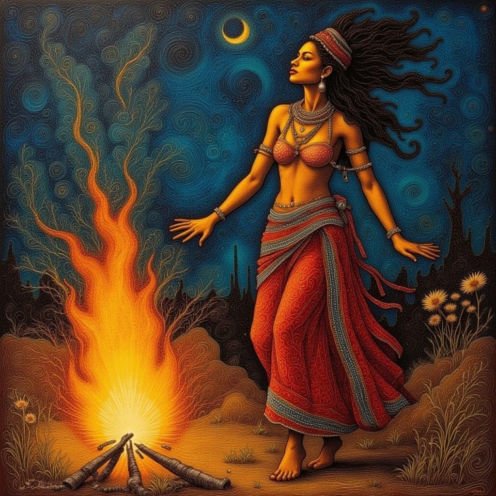 A tan skinned indigenous woman wearing clothes dancing by the bonfire at night. Extraordinary intricate details Fine lin...