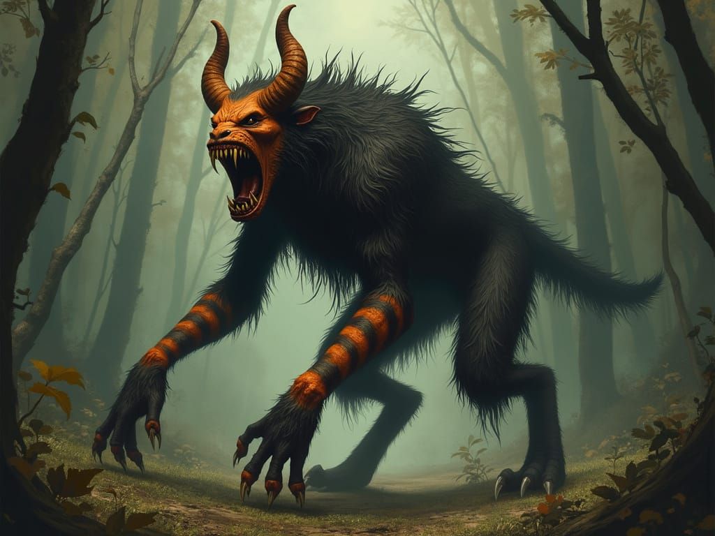 Menacing Horned Creature in Dark Fantasy Jungle