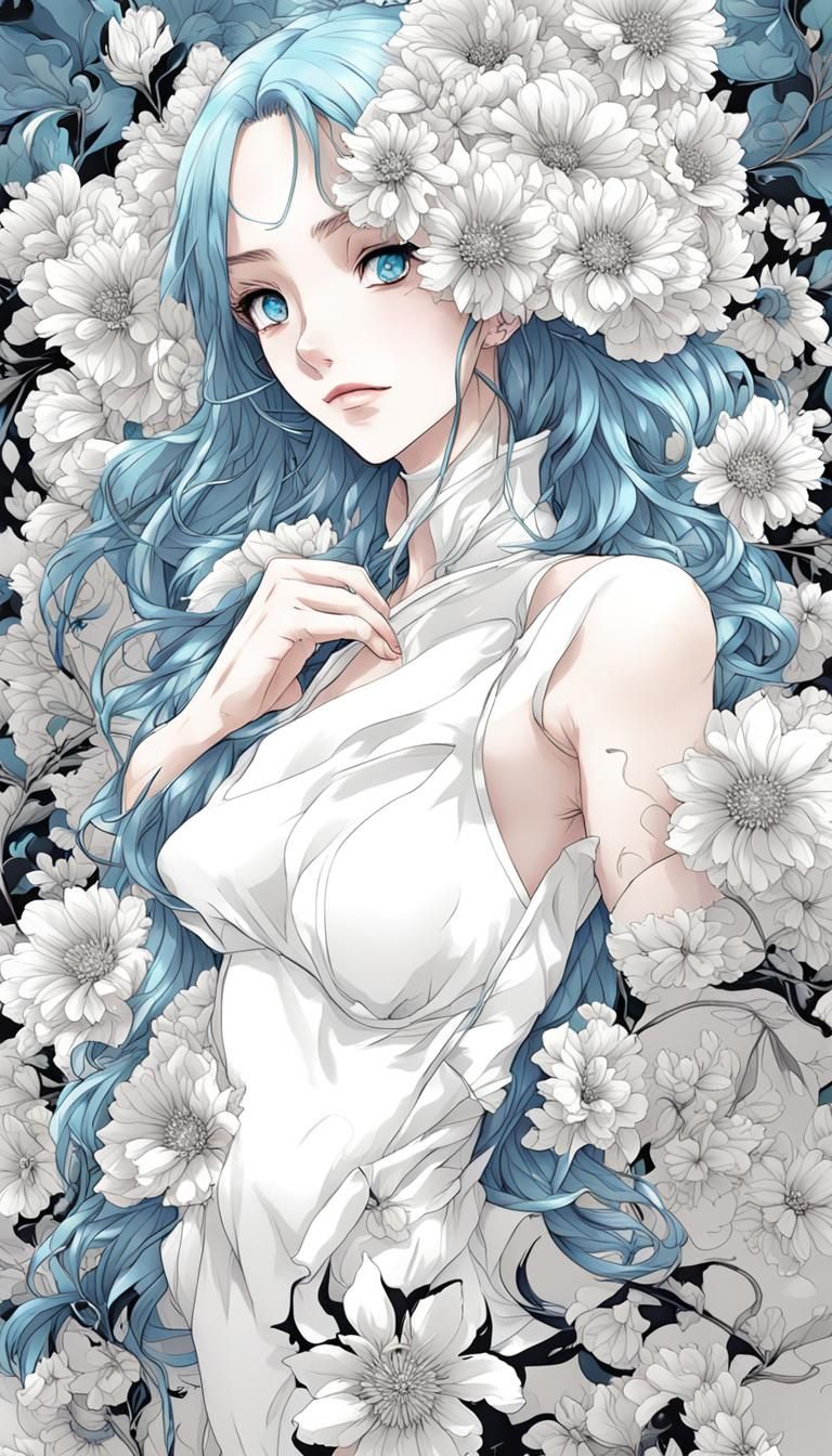 Surreal Anime Woman Blooming with Metallic Flowers