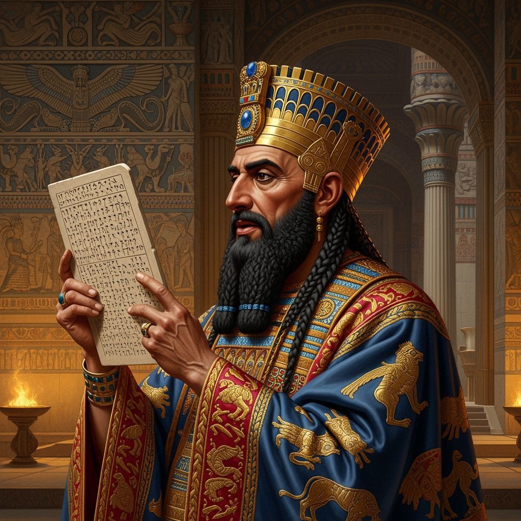 King Nebuchadnezzar Reading Decree in Babylonian Palace